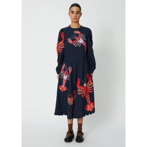 Embroidered Beaded Lobster Midi Dress - Navy