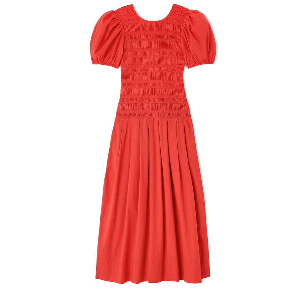 Ganni Women's Long Smocked Organic Cotton Pleated Dress - Goji Berry