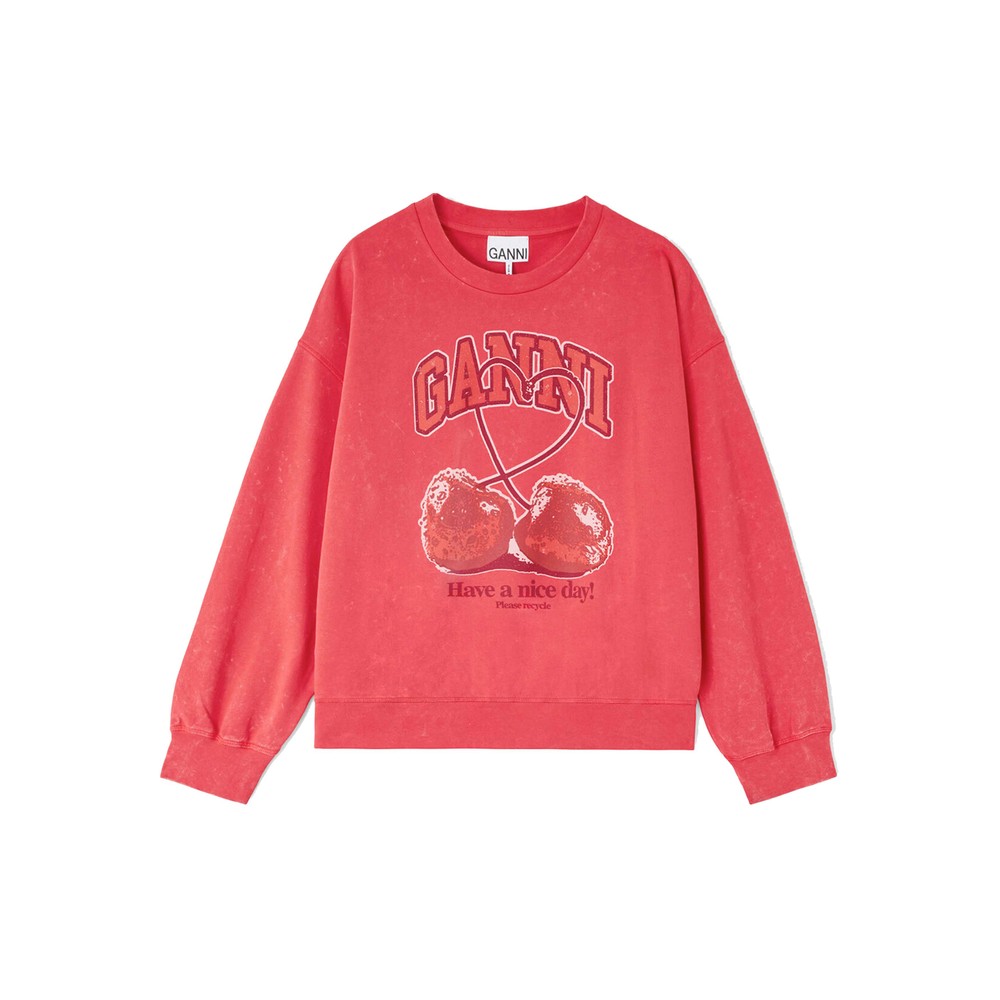 Ganni Women's Red Isoli Organic Cotton Crewneck Cherry Sweatshirt - High Risk