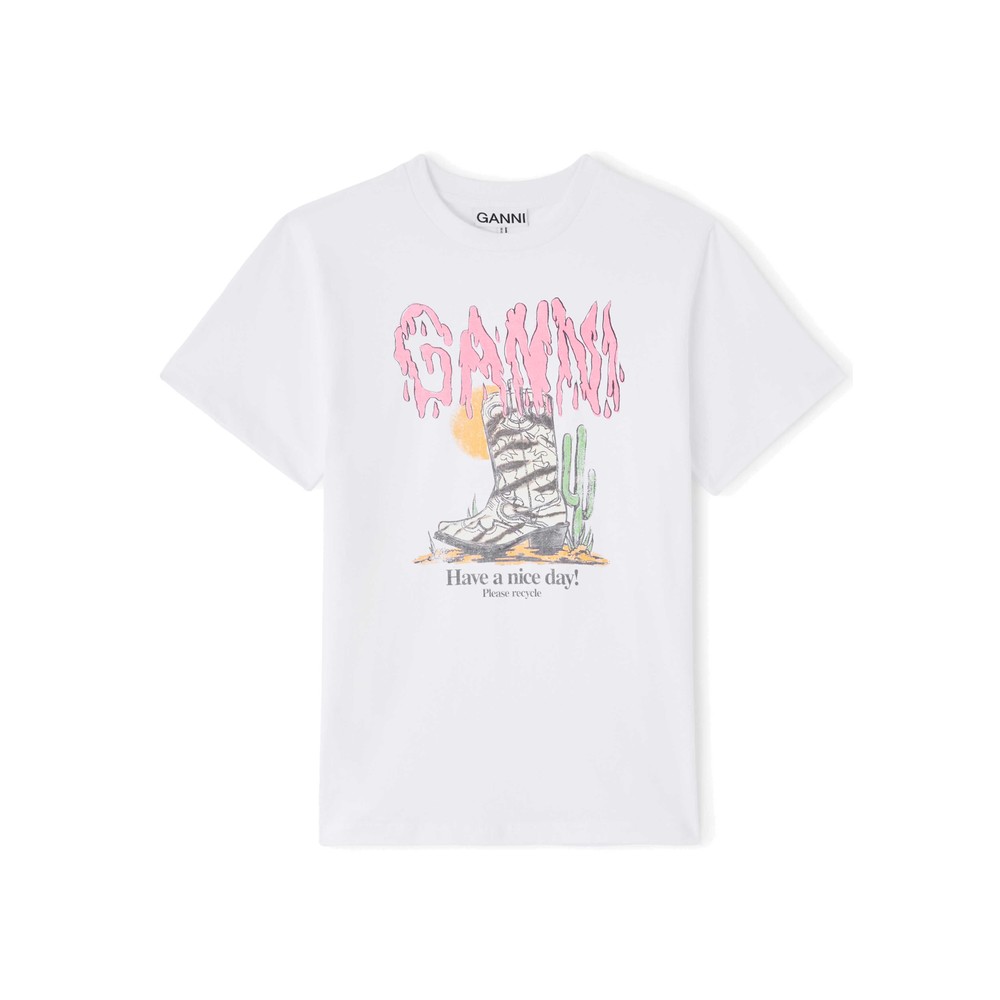 Ganni Women's White Western Zebra Boot Organic Cotton T-Shirt - Bright
