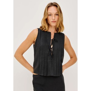 Aja Pleated Tie Front Linen Top - Black