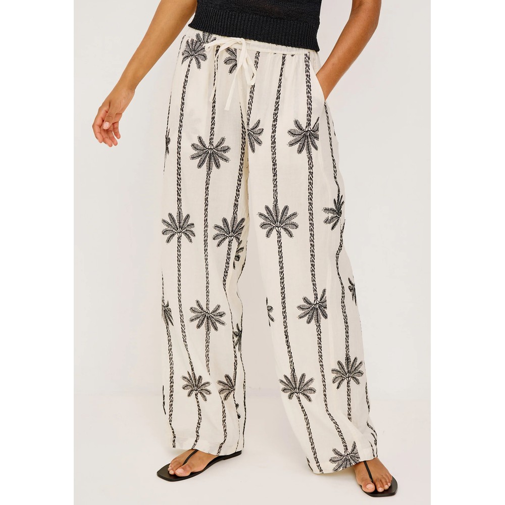 Rails Women's Black Emmie Wide Leg Cotton Trousers - Embroidered Palms