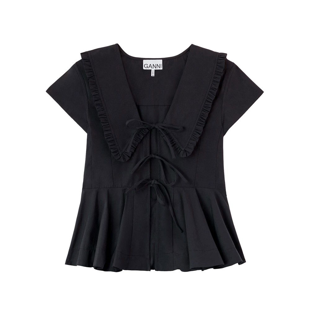 GANNI Cotton Poplin Collared Blouse - Black