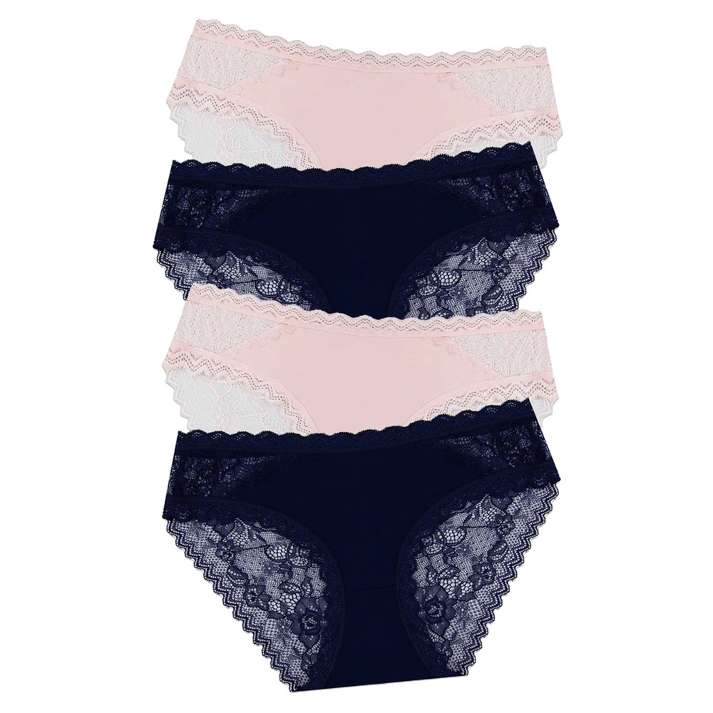 Stripe & Stare Women's Pink Eco Lace Set Of 4 Briefs - Navy & Pale