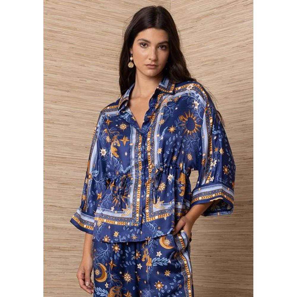 Hale Bob Women's Blue/Orange Celestial Print Drawstring Blouse - Navy