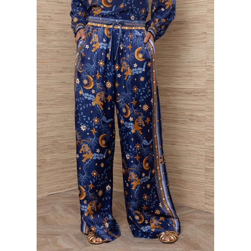 Hale Bob Women's Blue/Orange Celestial Print Wide Trousers - Navy