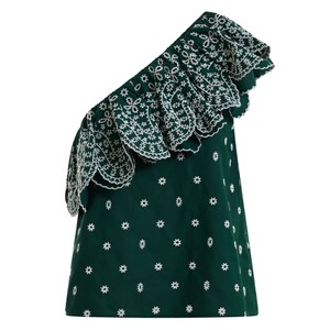 Kath Scallop Edge Embroidered Top - Bottle Green