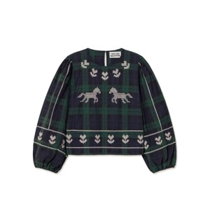 Check Puff Sleeve Blouse - Navy Green