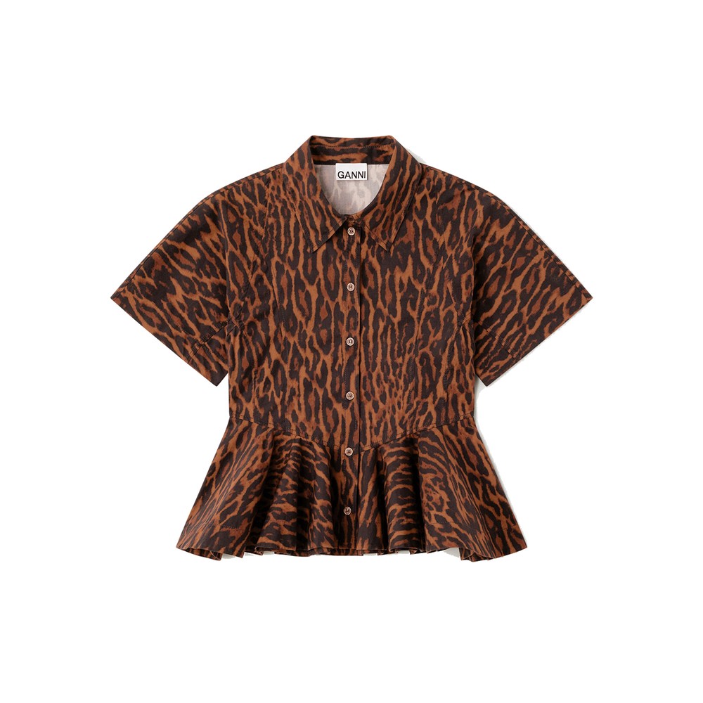 GANNI Printed Peplum Leopard Cotton Shirt - Rawhide