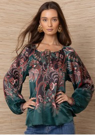 Hale Bob Paisley Printed Long Sleeve Blouse - Teal